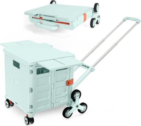 Foldable Utility Cart Portable Crate Rolling Dolly with Telescopic Handle,Can be Pulled diagonally, Magnetic Retractable Lid, 360°Swivel Climbing Wheels for Shopping Carrying Groceries Move Green