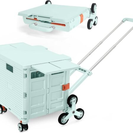 Foldable Utility Cart Portable Crate Rolling Dolly with Telescopic Handle,Can be Pulled diagonally, Magnetic Retractable Lid, 360°Swivel Climbing Wheels for Shopping Carrying Groceries Move Green
