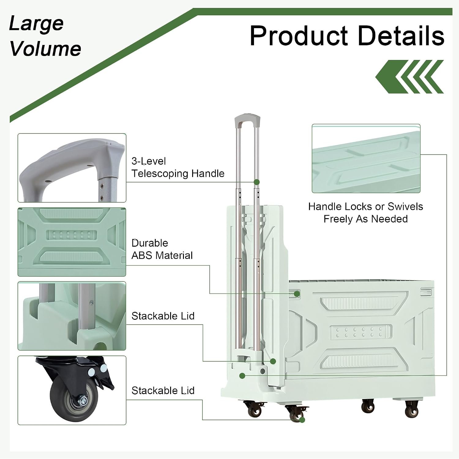 23 GAL 2-in-1 Foldable Shopping Cart, Collapsible Utility Cart with Adjustable Handle & 360° Wheels, Dual-Mode Rolling Crate (Basket/Flatbed) for Groceries, Camping, Compact Storage, Green - Image 2