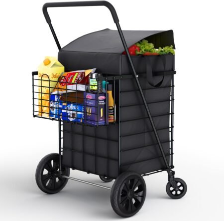 Shopping Cart w/Waterproof Basket Liner & Large 360° Swivel Wheels | Foldable Collapsible & Lightweight | Perfect for Groceries Laundry Utility Cart - Black