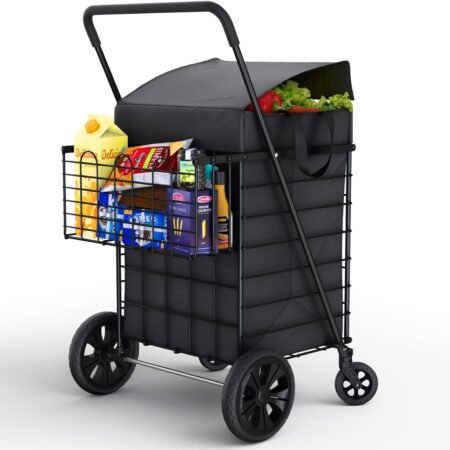 Shopping Cart w/Waterproof Basket Liner & Large 360° Swivel Wheels | Foldable Collapsible & Lightweight | Perfect for Groceries Laundry Utility Cart - Black