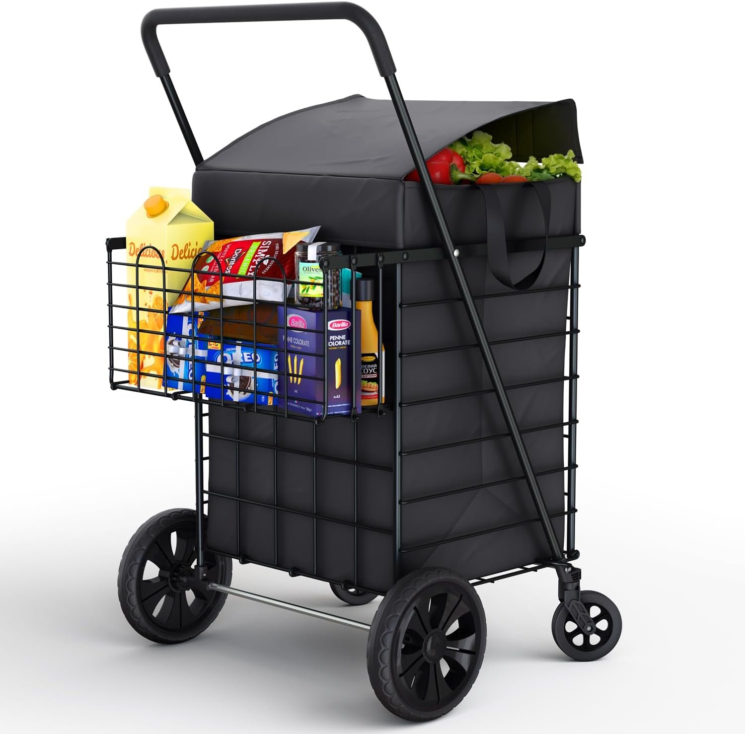 Shopping Cart w/Waterproof Basket Liner & Large 360° Swivel Wheels | Foldable Collapsible & Lightweight | Perfect for Groceries Laundry Utility Cart - Black