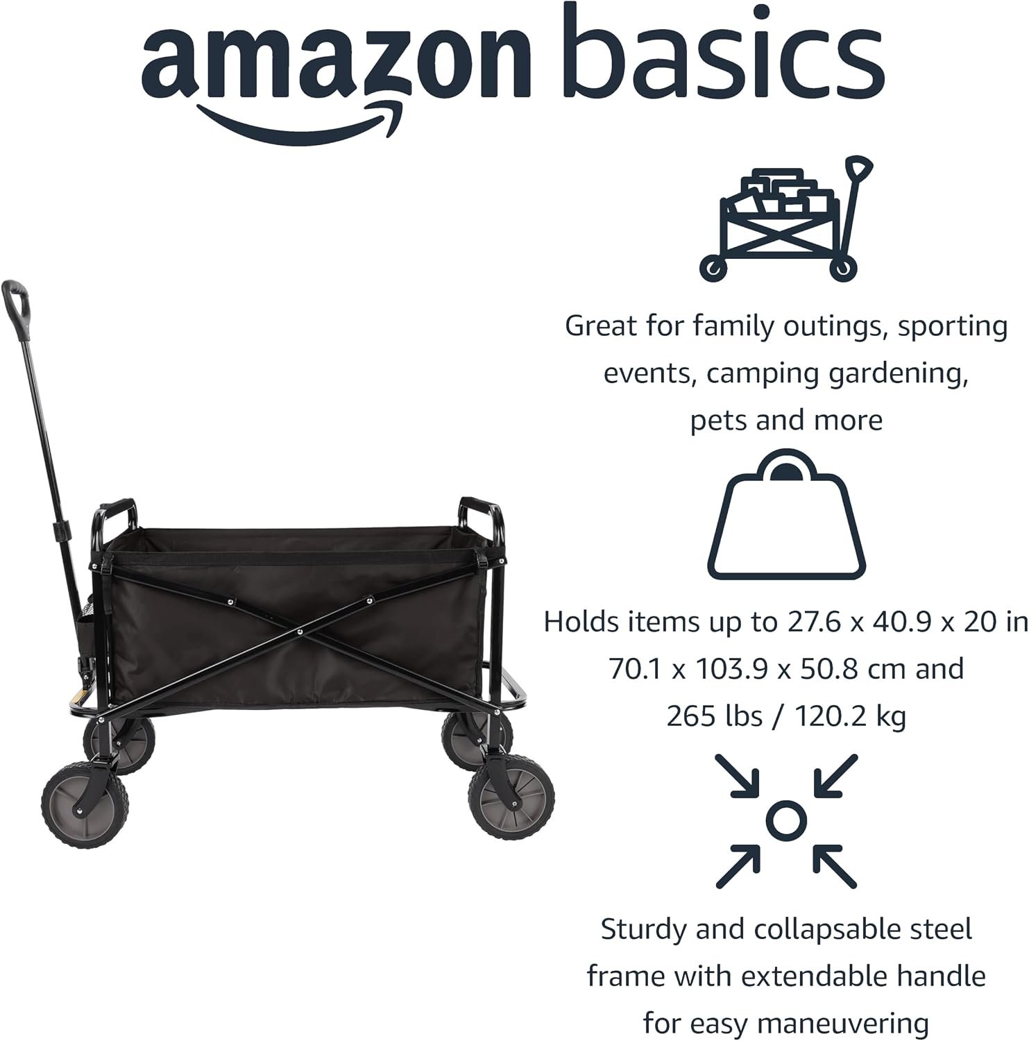 Collapsible Heavy Duty Utility Wagon for Outdoor Sports, Camping, Garden, and Shopping, 265 Pounds Capacity, 27.6 x 40.9 x 20 inches, Black - Image 2