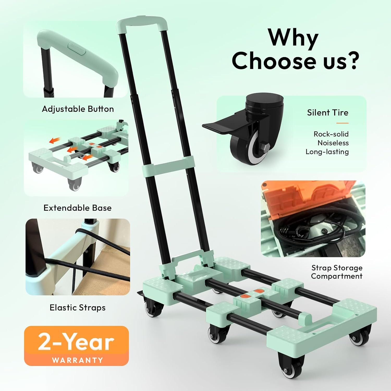 Folding Hand Truck 500lbs, Portable Heavy Duty Dolly Cart, 6 Wheels Collapsible Luggage Cart with 2 Elastic Ropes - Compact Trolley Cart for Easy Moving - Ideal Hand Cart for Travel and More - Image 2
