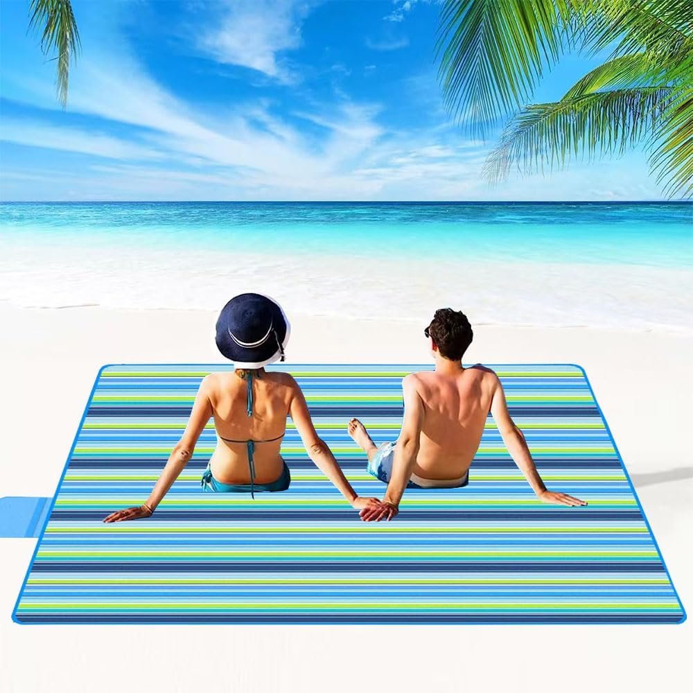 Large 80"x 60" Beach Blanket, Outdoor Picnic Blankets, Waterproof Sandproof Portable Blankets, Foldable and Lightweight for Spring Summer Camping, Beach, Park (Blue) - Image 2