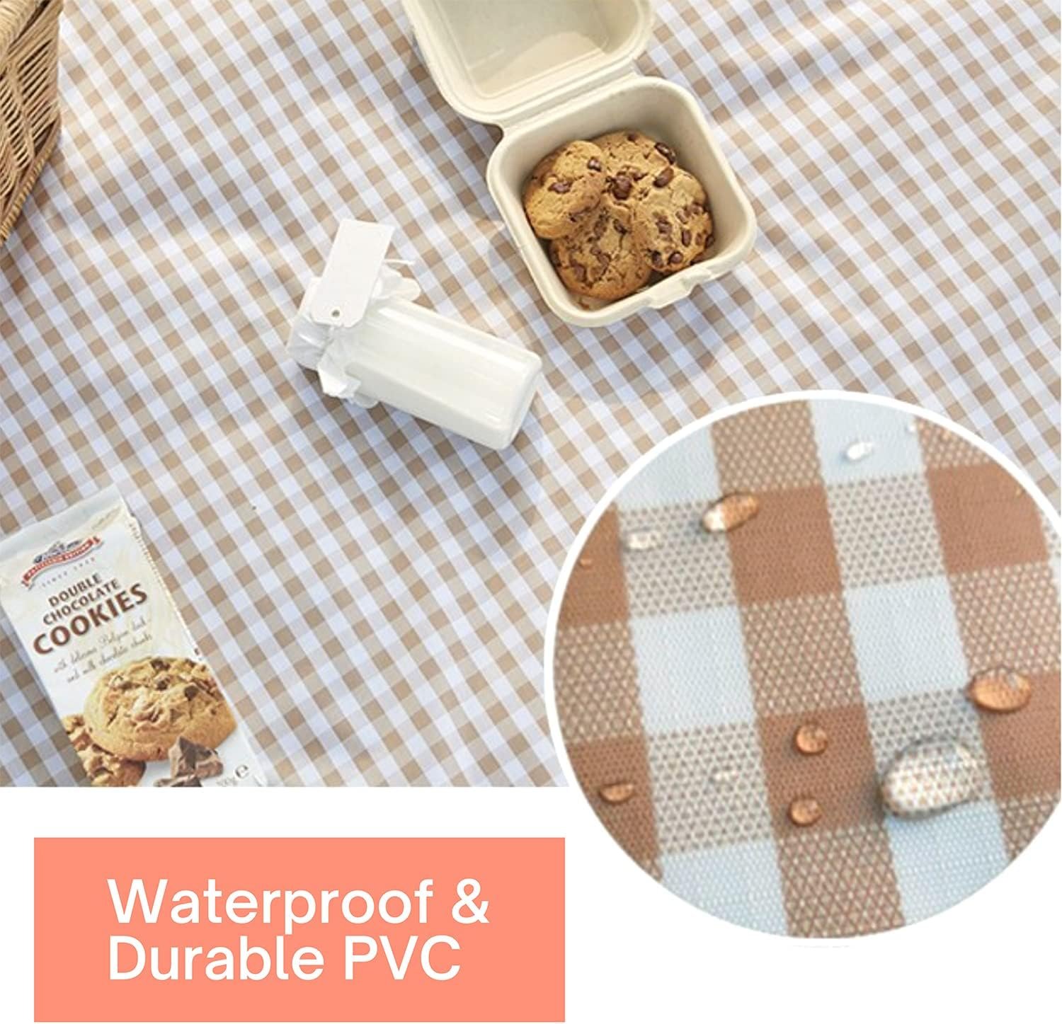 Cute Gingham Picnic Blanket, Waterproof Foldable, in Large 80x60in and Extra Large 80x80in, Portable Compact Beach Blanket, Oversized XL Outdoor Mat, Tan Gingham - Image 2
