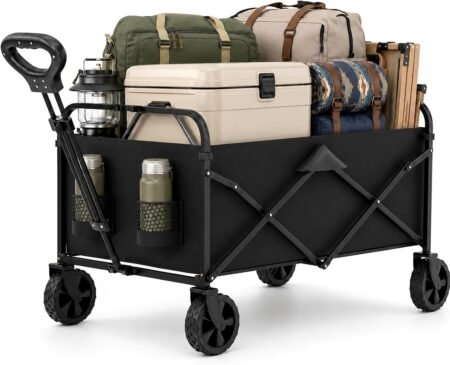 Foldable Wagon Cart with All Terrain Wheels, Folding Beach Wagon for Sand, Garden, Grocery, Sports, Camping and Outdoor Use
