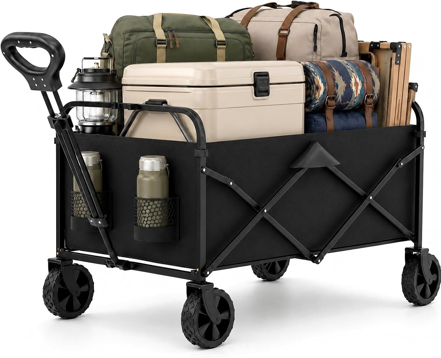 Foldable Wagon Cart with All Terrain Wheels, Folding Beach Wagon for Sand, Garden, Grocery, Sports, Camping and Outdoor Use
