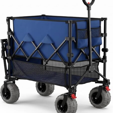 Heavy Duty Double Decker Wagon 9" Wide Big Wheels, 450LBS Capacity, 48" Extender,400L Large Foldable Wagon Cart, Adjustable Handle, All-Terrain Cart for Beach,Camping,Garden,Navy Blue
