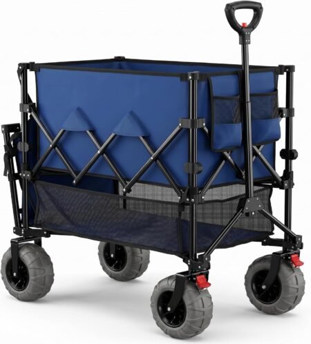 Heavy Duty Double Decker Wagon 9" Wide Big Wheels, 450LBS Capacity, 48" Extender,400L Large Foldable Wagon Cart, Adjustable Handle, All-Terrain Cart for Beach,Camping,Garden,Navy Blue