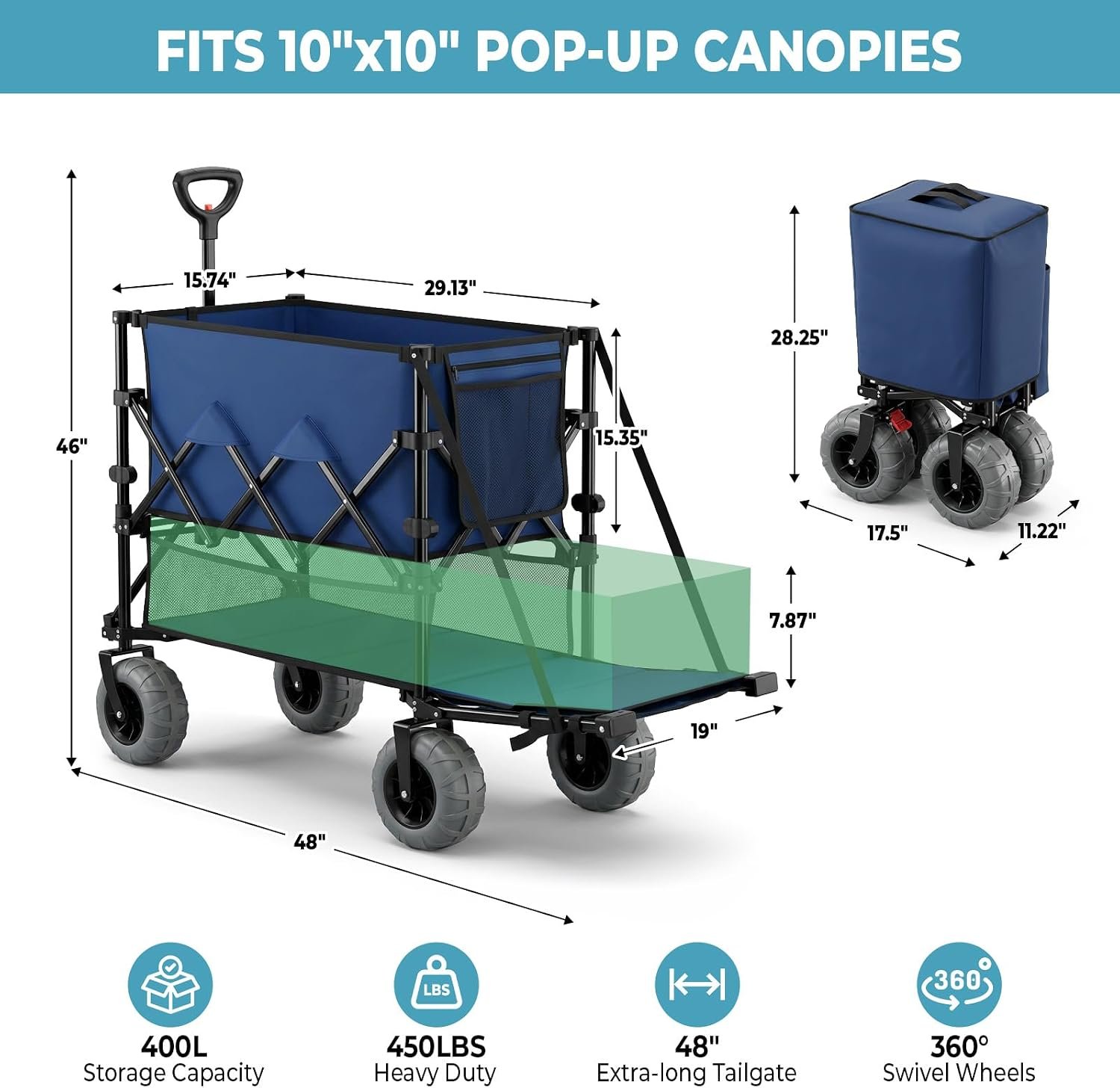 Heavy Duty Double Decker Wagon 9" Wide Big Wheels, 450LBS Capacity, 48" Extender,400L Large Foldable Wagon Cart, Adjustable Handle, All-Terrain Cart for Beach,Camping,Garden,Navy Blue - Image 2