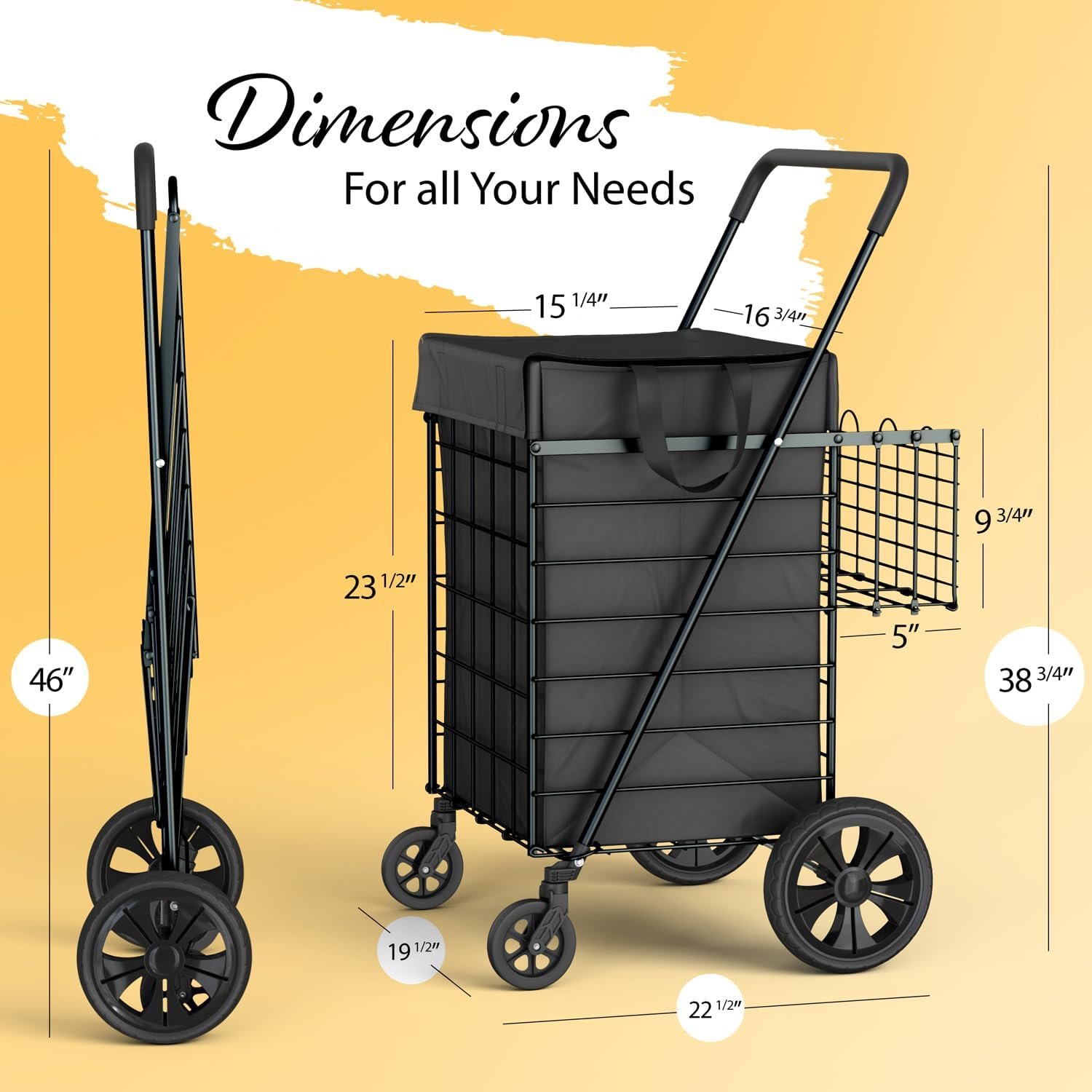 Shopping Cart w/Waterproof Basket Liner & Large 360° Swivel Wheels | Foldable Collapsible & Lightweight | Perfect for Groceries Laundry Utility Cart - Black - Image 2