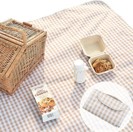 Cute Gingham Picnic Blanket, Waterproof Foldable, in Large 80x60in and Extra Large 80x80in, Portable Compact Beach Blanket, Oversized XL Outdoor Mat, Tan Gingham
