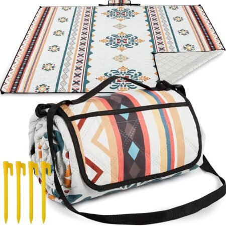 Extra Large Picnic Blanket 80"x80" – Waterproof Outdoor Mat for Beach, Camping, Park & Garden, Portable with Carry Strap & 4 Stakes, Machine Washable, Bohemian Pattern