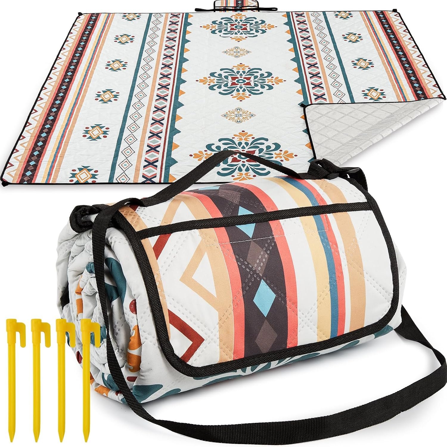 Extra Large Picnic Blanket 80"x80" – Waterproof Outdoor Mat for Beach, Camping, Park & Garden, Portable with Carry Strap & 4 Stakes, Machine Washable, Bohemian Pattern