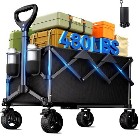 Collapsible Wagon Cart, 480lbs Heavy Duty Wagon with All-Terrain Wheels (Black)