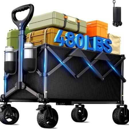 Collapsible Wagon Cart, 480lbs Heavy Duty Wagon with All-Terrain Wheels (Black)
