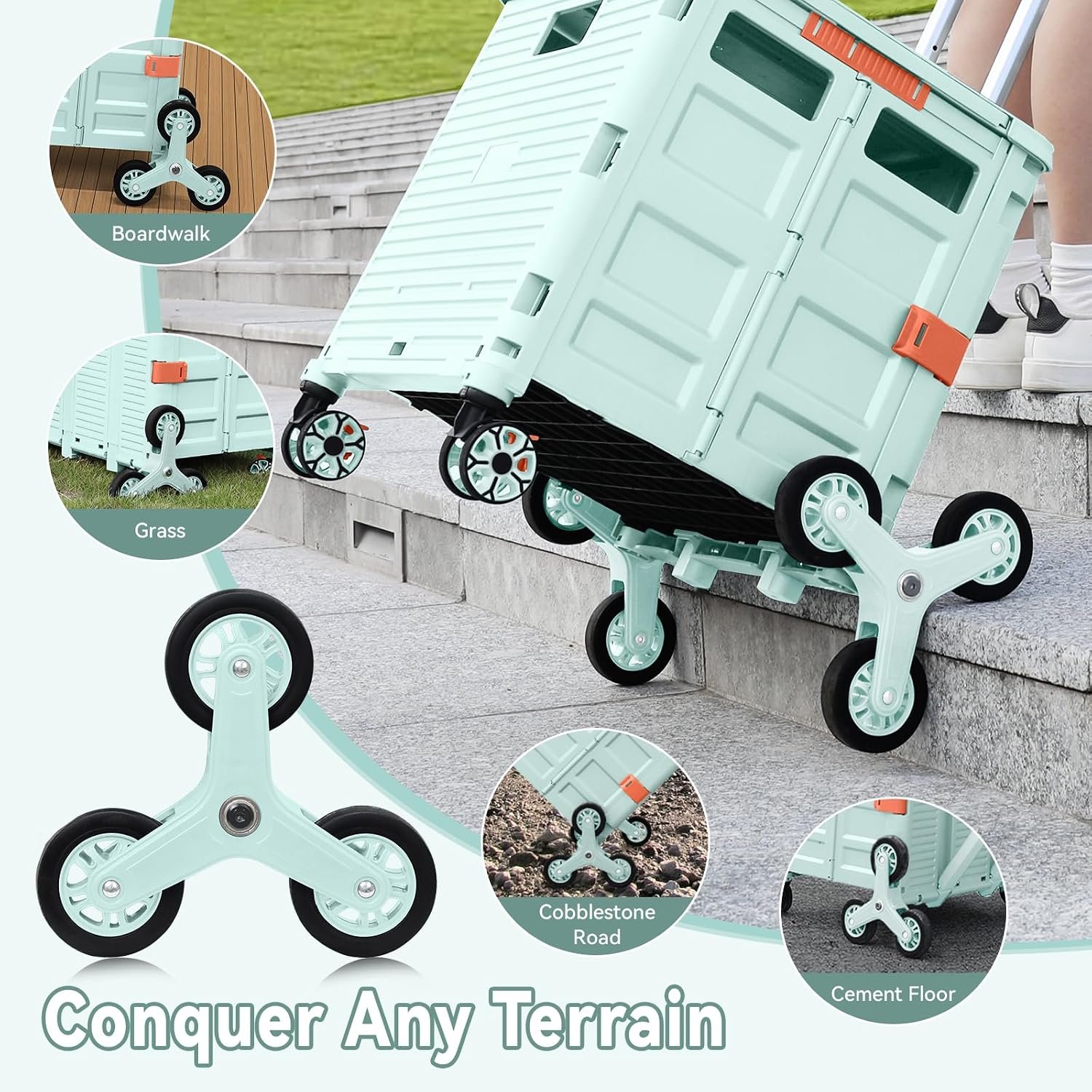 Foldable Utility Cart Portable Crate Rolling Dolly with Telescopic Handle,Can be Pulled diagonally, Magnetic Retractable Lid, 360°Swivel Climbing Wheels for Shopping Carrying Groceries Move Green - Image 2