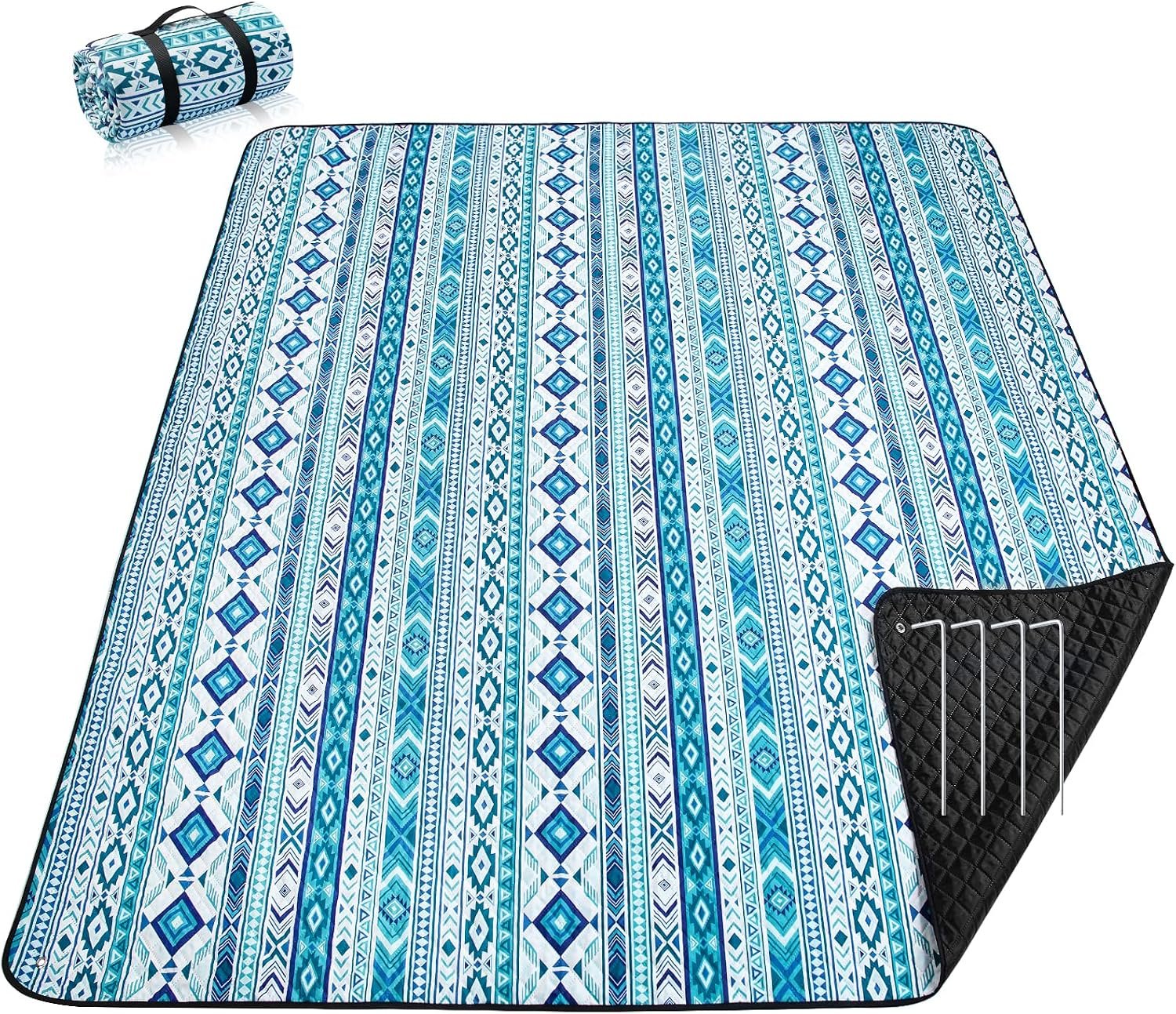 Picnic Blankets Extra Large, Waterproof Foldable Outdoor Beach Blanket Oversized 83x79” Sandproof, 3-Layer Picnic Mat for Camping, Hiking, Travel, Park, Concerts(Teal Boho)